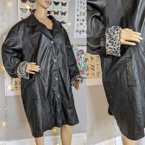 Vintage 90s y2k Maggie Barnes Leather Trenchcoat Black Jacket Black Plus Size 2X - Picture 1 of 12